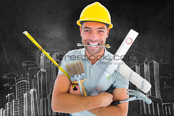 Composite image of portrait of smiling handyman holding various tools