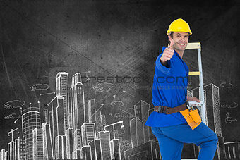 Composite image of repairman gesturing thumbs up while climbing step ladder