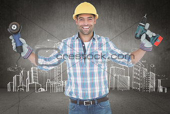 Composite image of manual worker holding power tools