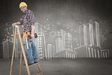 Composite image of repairman climbing ladder while holding power drill