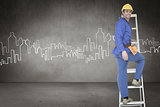 Composite image of portrait of repairman climbing step ladder