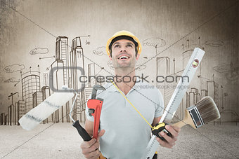 Composite image of worker holding various equipment over white background