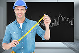 Composite image of male architect holding tape measure