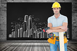 Composite image of confident carpenter with wooden plank and drill machine