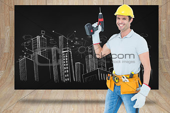 Composite image of carpenter holding cordless drill over white background