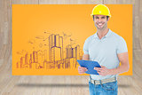 Composite image of happy architect holding clip board