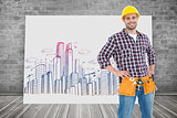 Composite image of handyman wearing tool belt while standing hands on hips