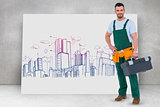 Composite image of smiling carpenter with toolbox
