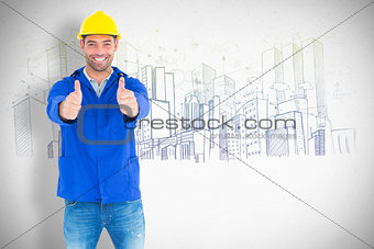 Composite image of portrait of happy manual worker gesturing thumbs up