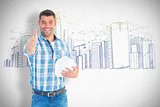 Composite image of confident manual worker gesturing thumbs up