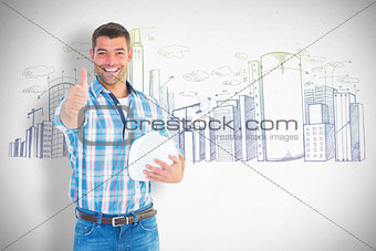 Composite image of confident manual worker gesturing thumbs up