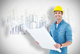 Composite image of happy architect holding blueprint in house