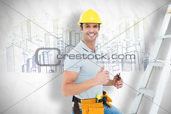 Composite image of technician with tools showing thumbs up by step ladder