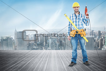 Composite image of portrait of smiling repairman with tools