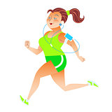 Sporty woman running herding weight kilocalories listens to musi