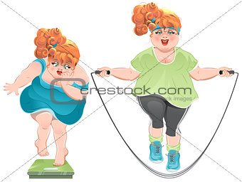 Fat woman with horror looks at the scales, and then jumps on a skipping rope