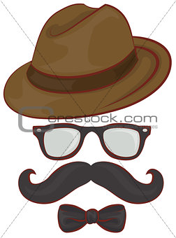 Set hipster accessories - hat, glasses, mustache, bow tie
