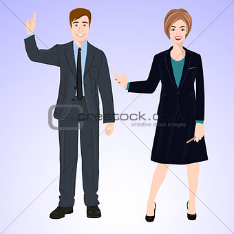 Smiling man and woman in office style wear.