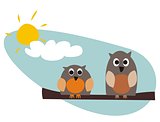 Funny owls sitting on branch on a sunny day- vector illustration isolated on white background.