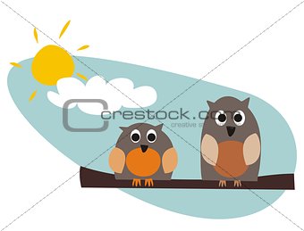 Funny owls sitting on branch on a sunny day- vector illustration isolated on white background.