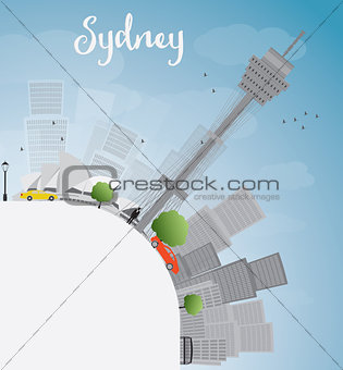 Sydney City skyline with blue sky, skyscrapers and copy space