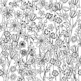 Seamless pattern with contour black-and-white flowers