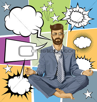 Businessman Hipster in Lotus Pose Meditating With Bubble Speech