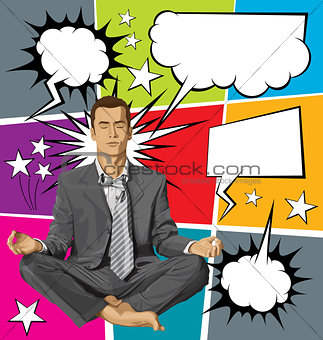 Vector Businessman in Lotus Pose Meditating With Bubble Speech