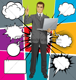 Vector Business Man Shows Something With Finger And Bubble Speec