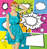 Vector Surprised Blonde in Blue Dress With Set Of Speech Bubble