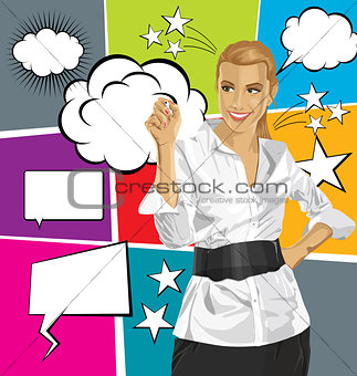 Vector Business Woman Writing Something With Bubble Speech