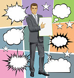 Vector Businessman With Empty Write Boardr And Bubble Speech