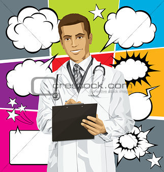 Vector Doctor Man With Clipboardr And Bubble Speech