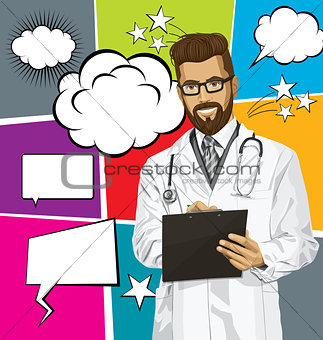 Vector Hipster Doctor Man With Clipboardr And Bubble Speech