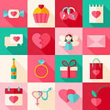 Valentine day flat style icon set with long shadow
