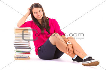 young student girl with stack of books on withe