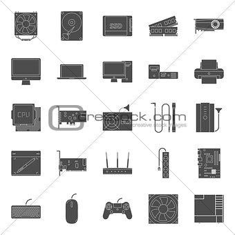 Computer components and peripherals silhouettes icons set