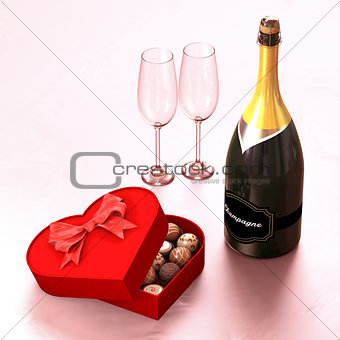 Chocolate box with a champagne and two glasses.