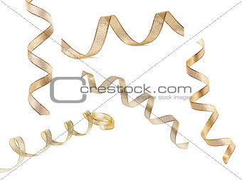 Beautiful glitter gold ribbon tape curl isolated on white
