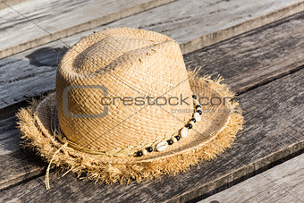 hat on wood ground
