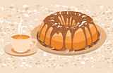 Cake with glaze and a cup of hot drink