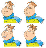 Vector cartoon man with a scarf and coat. emotions. set