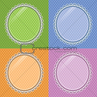 Lace oval frame with glass on the background polka dots. Set