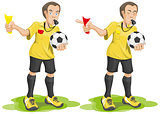 Set soccer referee whistles and shows card.
