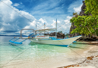 Traditional boat used for island hopping in El Nido, Philippines