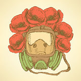 Sketch respiratory mask with poppies in vintage style