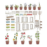 Flower pots with herbs and vegetables.  Plants growing on balcony
