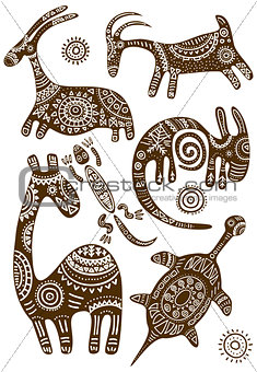Set of vector African traditional patterns with animals 