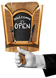 Welcome it is Open - Sign with Hand of Waiter