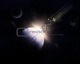 3D space background with meteorites colliding with planet